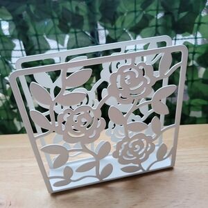 IKEA LIKSIDIG White Metal Napkin Holder Rose Floral Laser Cut Whimsical Romantic